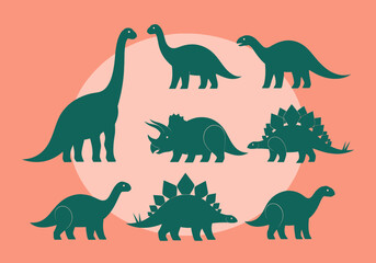 Minimalist Dinosaur Collection with Brachiosaurus Triceratops and Stegosaurus Icons - Stylized Prehistoric Animal Graphics in Flat Design Style for Education and Web © DC