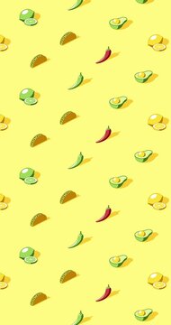 Vertical Seamless loop animation of Mexican food icons on yellow background