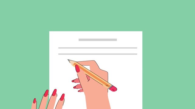 A hand holding a pencil writes lines of text on a blank sheet of paper. A flat art-style vector animation with a camera zoom