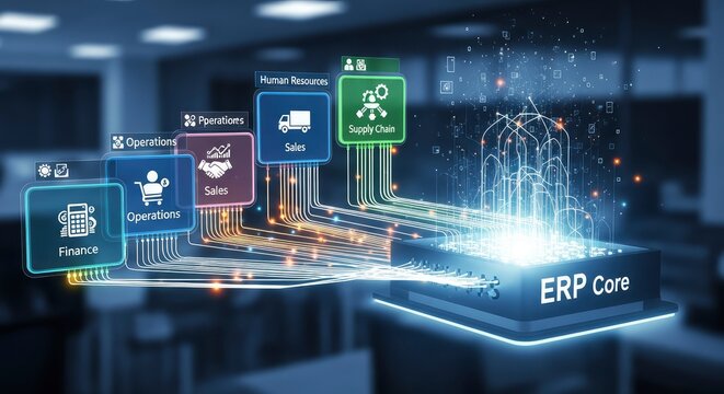 Enterprise Resource Planning ERP software concept illustrating the integration of business modules like Finance, Sales, Operations, and Supply Chain into a central core system.