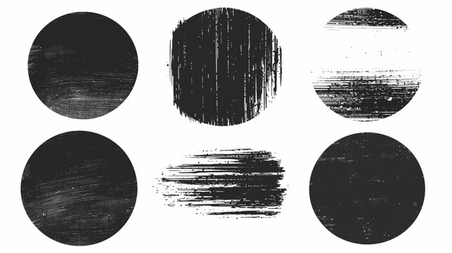 Six monochrome vector texture elements, circles and a rectangle, scratched and distressed