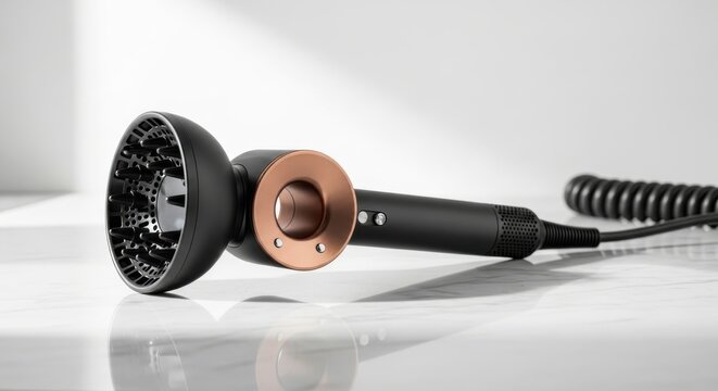 Modern hair dryer with a diffuser attachment rests on a white marble surface.