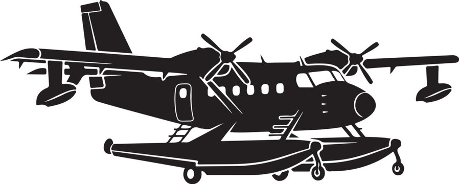 Black and white seaplane, vector airplane, float plane illustration, aircraft icon