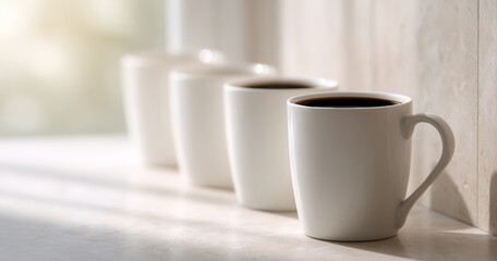 Fototapeta premium Row of white coffee mugs with black coffee