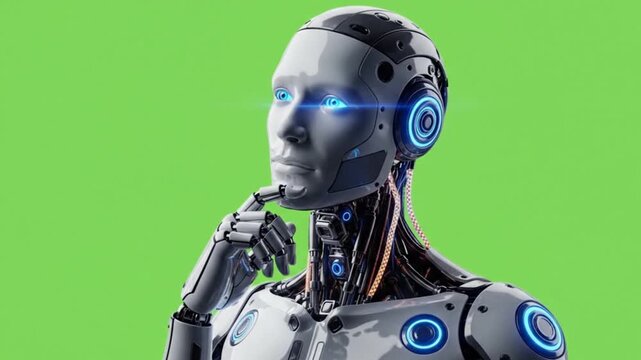 Thoughtful Futuristic AI Robot Thinking Pose Green Screen