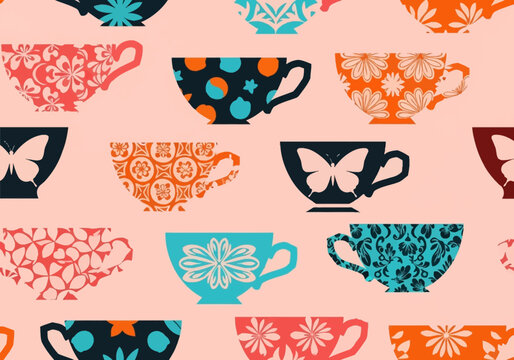 Seamless Vintage Teacup Pattern with Colorful Floral and Butterfly Designs in Mid-Century Modern Style