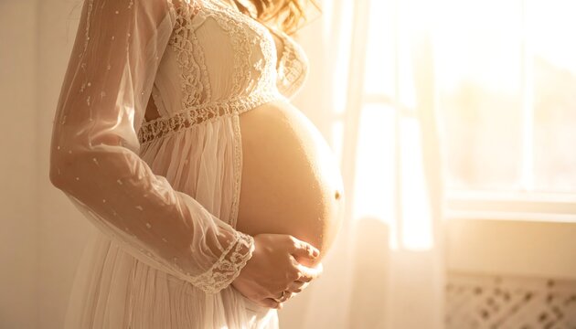 Expectant mother in a sheer white dress, holding her baby bump in a sunlit room by a window