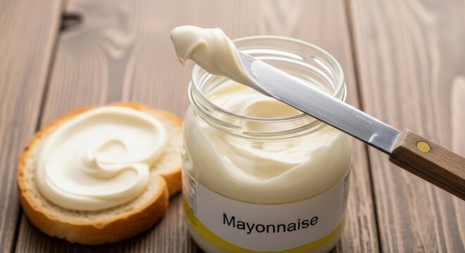 Creamy mayonnaise is spread onto a slice of fresh bread next to a glass jar.