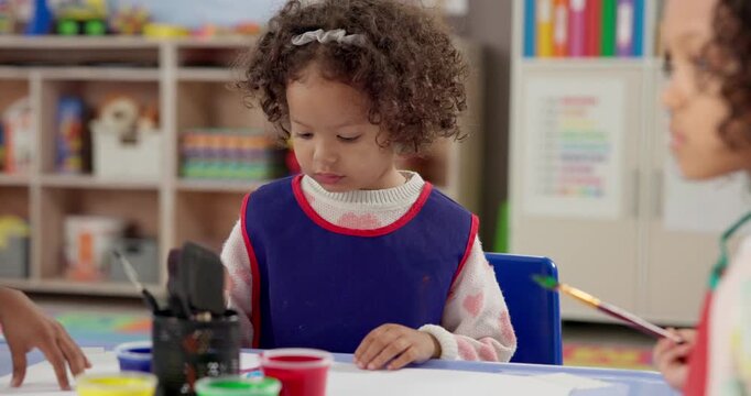 Girl, students and painting art in classroom with creative lesson, drawing picture and kindergarten learning. Kids, artist and canvas with fun activity, artwork project and growth for education