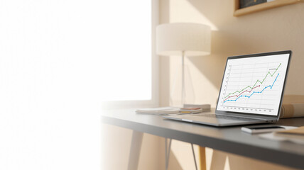 Fototapeta premium Laptop with multicolored line graph on black desk with lamp office