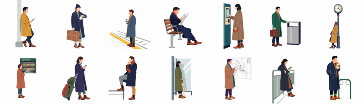 Collection of flat vector characters in winter clothing commuting and waiting at a train or subway station platform.