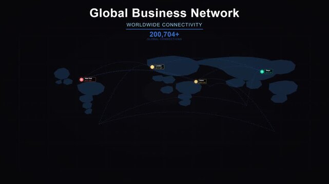 Global Business Network Visualizing Worldwide Connectivity with 200,764+ Connections in a Dark Futuristic Design