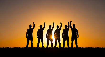 Fototapeta premium Silhouette of six people with raised fists against a vibrant orange sunset sky, symbolizing unity and triumph.