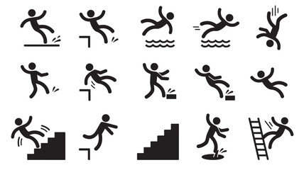 Fototapeta premium Silhouettes of people falling in various situations like slipping, tripping, falling down stairs, and off ladders