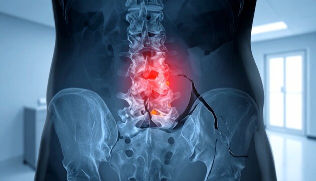 "Medical lower back anatomy illustration highlighting lumbar spine inflammation, herniated disc, glowing visualization, orthopedic health."
