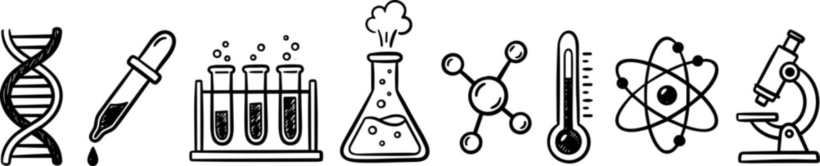 science and laboratory research icon set, hand drawn doodle elements of chemistry equipment, dna and microscope on transparent background © Надія Кускова