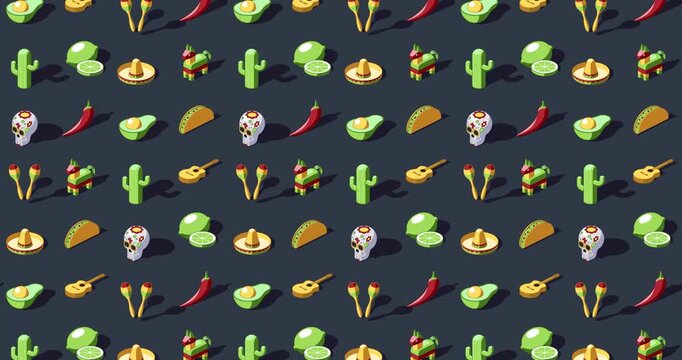 Cinco de Mayo themed seamless background animation of colorful isometric icons
