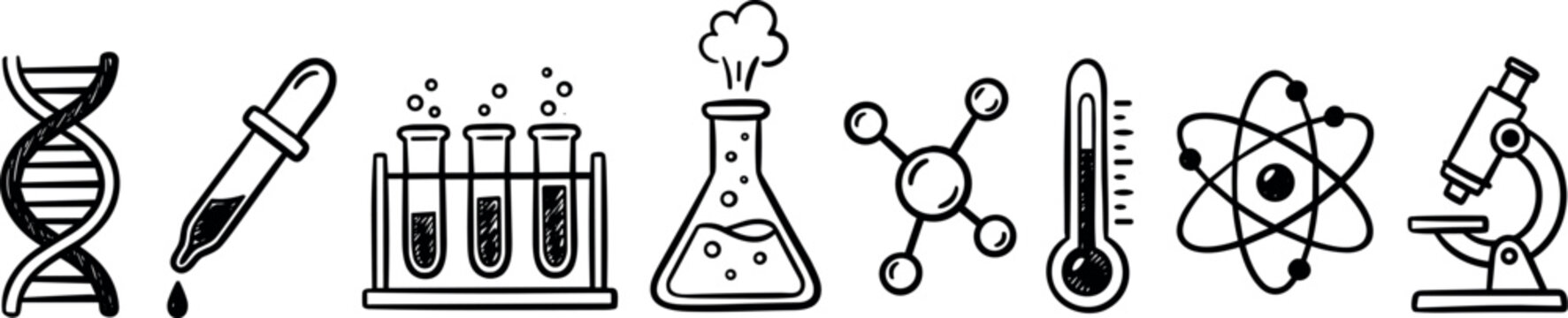 science and laboratory research icon set, hand drawn doodle elements of chemistry equipment, dna and microscope on transparent background