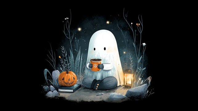 Sweet ghost with a warm drink and pumpkin, digital art illustration