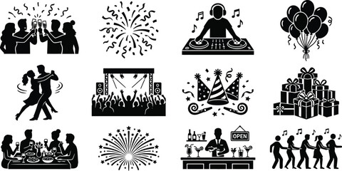 Obraz premium Silhouette icons of party celebrations and festive gatherings