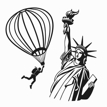 A black and white vector graphic illustration of the Statue of Liberty with a parachuter