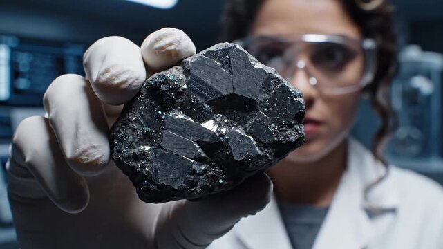 Scientist holding dark mineral crystal in laboratory