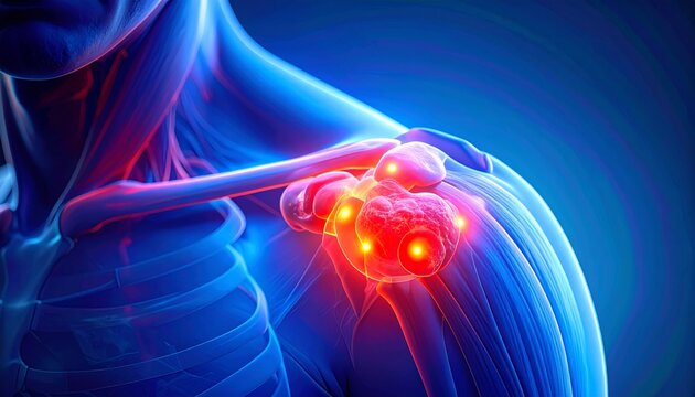 "Medical shoulder anatomy illustration highlighting joint inflammation, rotator cuff injury, glowing visualization, orthopedic health."