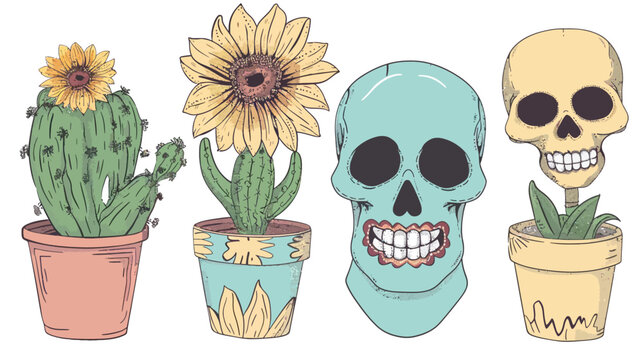 Four decorative illustrations of potted cacti with flowers, and two smiling skulls