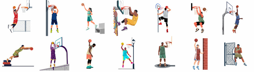 Collection of diverse basketball players in various urban streetball action scenes, including dunks and jumps, presented in a flat vector illustration style. © Telu