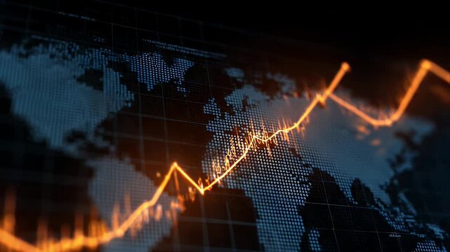 Global finance stock market growth data chart displaying glowing orange upward trend line across world map digital background representing economic prosperity and international trade success.