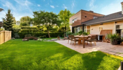 Fototapeta premium Lush Backyard Oasis - A Serene Outdoor Living Space.