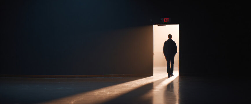 Silhouette of person walking through door