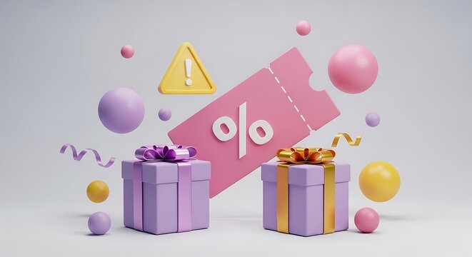 A 3d render of two purple gift boxes decorated with ribbons alongside a pink discount coupon card
