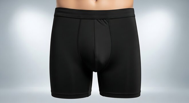 Close-up of black boxer briefs on a mannequin, showcasing the underwears design and fabric.