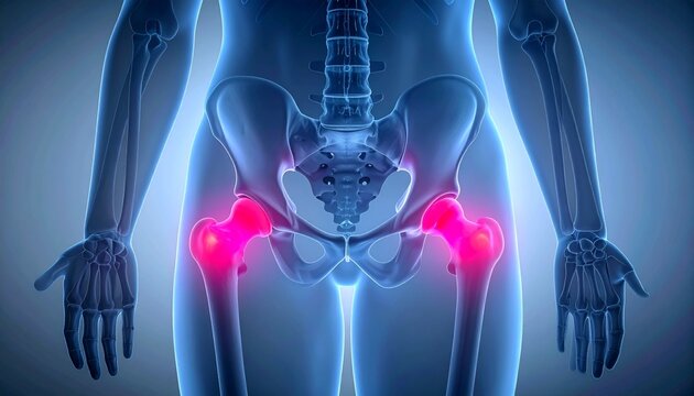 "Medical illustration highlighting inflamed hip joints, pelvis anatomy, femur heads, and lower spine structure."