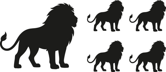 Black silhouette lion icons set, large lion, small lions group, animal wildlife illustration, predator design, jungle symbol, nature vector © Sabbir's World