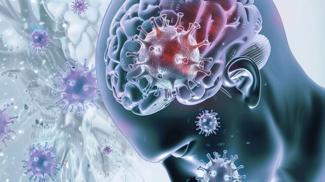 Herpes simplex encephalitis is a severe acute viral infection affecting the central nervous system, caused by herpes simplex virus. This medical illustration visualizes brain inflammation, neural dama