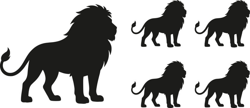 Black silhouette lion icons set, large lion, small lions group, animal wildlife illustration, predator design, jungle symbol, nature vector