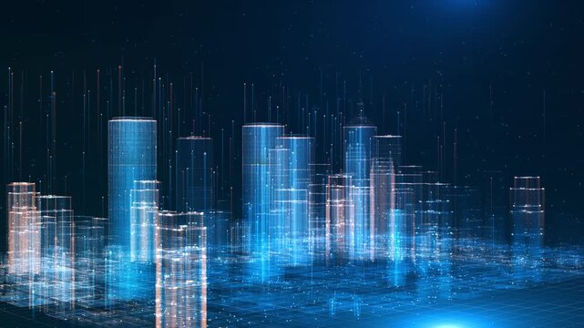 Futuristic smart city skyline digital buildings, cyber connections, streaming data. AI, IoT, big data, cloud computing, blockchain, network. Artificial Intelligence technology digital city 5g networks