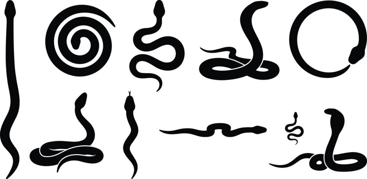 Black Snake Silhouette Vector Set Featuring Cobra Python Viper and Various Serpent Poses for Wildlife Design Nature Illustration and Tattoo Tribal Art
