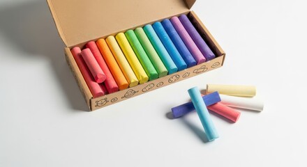 Fototapeta premium Colorful sidewalk chalk sticks are organized in a cardboard box on a white background.