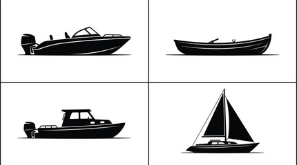 Boat silhouettes collection, motorboat design, rowboat illustration, cabin cruiser graphic, sailboat icon, nautical theme, marine transport, watercraft vector art © Sabbir's World