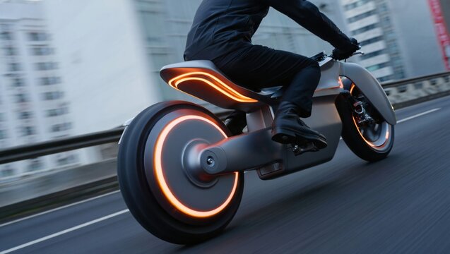 Futuristic cyberpunk electric motorcycle riding on a city road. Concept of urban transportation and future mobility.