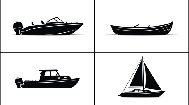 Boat silhouettes collection, motorboat design, rowboat illustration, cabin cruiser graphic, sailboat icon, nautical theme, marine transport, watercraft vector art