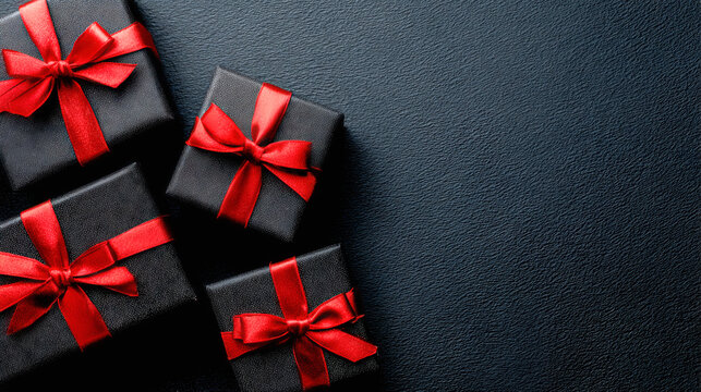 Black gift boxes with red ribbons seen from above on a black background with copy space