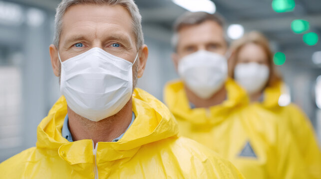 Medical professionals in protective gear in hazardous chemical zone