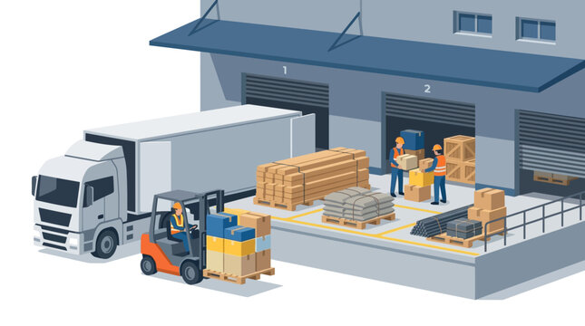 Logistics and Warehouse Management Isometric Illustration with Forklift, Delivery Truck, and Distribution Center Loading Dock