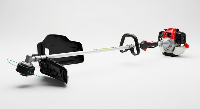 Petrol powered grass trimmer sits against a plain white background.