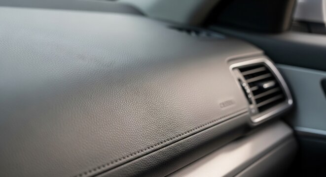Closeup of a car dashboard with air vent and stitching details modern interior.