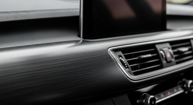 Closeup of a car dashboard with air vents and a sleek design modern interior.